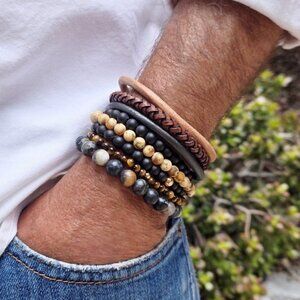 Amazon Size Large (L) Mens Natural Stone Beaded Bracelet Set with Leather Band -